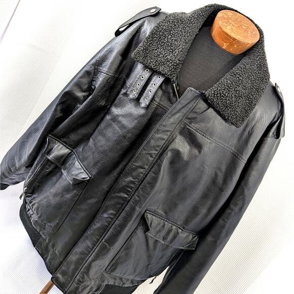 ORIGINAL OUTERWEAR! BLACK GENUINE LEATHER FAUX SHEARLING TRIM JACKET COAT! SZ 4X - Picture 1 of 14